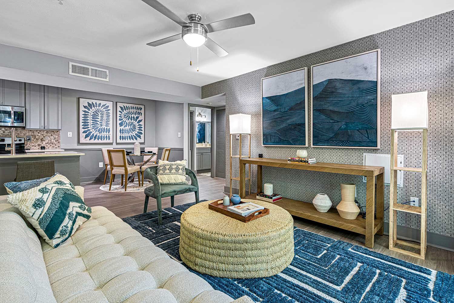 Cortland Bowery model living room and kitchen